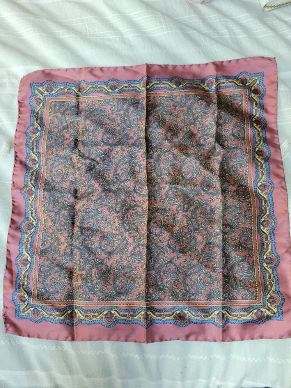 Vintage 100% Silk Paisley Square Scarf Mauve Rose Blue Gold Old Money Chic